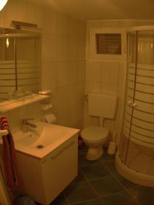 a bathroom with a toilet and a sink and a shower at Apartmani Mersol Nin in Nin