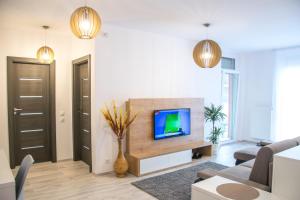 ein Wohnzimmer mit einem TV und einem Sofa in der Unterkunft Riverside-Modern apartment-ARED in Oradea