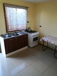 a kitchen with a sink and a stove and a window at Cabaña Villarrica 1254 in Villarrica