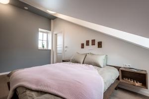 ein Schlafzimmer mit einem Bett mit einer rosa Decke in der Unterkunft Angel House Vilnius 40 in Vilnius