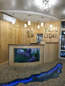 リストヴャンカにあるGuesthouse BAIKAL CEDARの木製の壁の客室内に大型テレビが備わるロビー