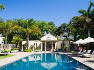 a swimming pool in front of a house with palm trees at Ibis House in Cape Town