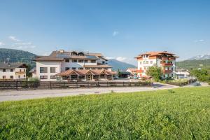 a group of buildings on a street with a grass field at Hotel Alpenrose Wellness in Vattaro