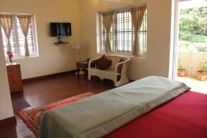 ein Schlafzimmer mit einem Bett, einem Stuhl und einem TV in der Unterkunft Colonels inn in Udagamandalam
