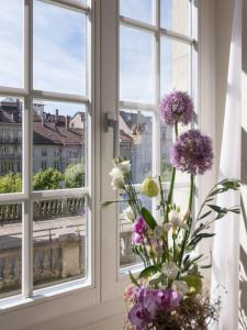a vase of flowers in a window with a view at Hôtel de la Rose in Fribourg