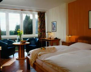 a hotel room with a bed and a large window at Hotel Landhaus Berghof in Wenden