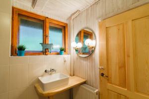 uma casa de banho com um lavatório e um espelho em Domek pod bukami em Szymbark