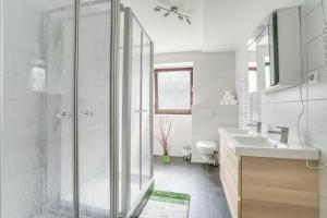 un bagno con doccia, lavandino e WC di Nurburgring Rooms Pinocchio ad Adenau Altre 36 foto