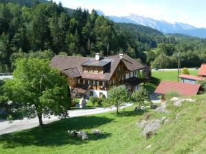 eine Luftansicht eines Hauses mit Tieren im Gras in der Unterkunft Reiters-Ferienhaus in Russbach am Pass Gschütt