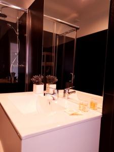 a bathroom with a white sink and a mirror at Innapartments São Gonçalinho II in Aveiro