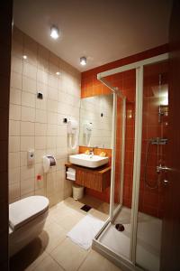 La salle de bains est pourvue de toilettes, d'un lavabo et d'une douche. dans l'établissement Hotel Marinšek, à Naklo