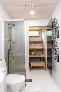 a bathroom with a shower and a toilet and a sink at Apartment Kievarinhovi in Kempele