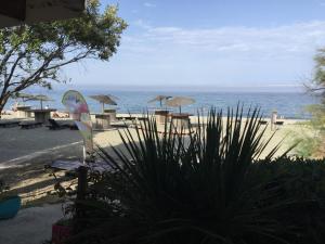 モリアニ・プラージュにあるLes Marines de Morianのビーチの景色を望む客室で、テーブルとパラソルが備わります。