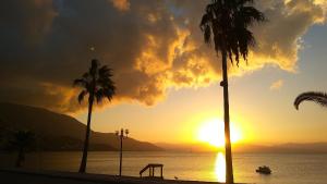 a sunset with palm trees and a boat in the water at Onar Corfu Aparts & Studios in Ipsos