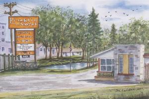 a painting of a street with a sign and a motel at Franklin Motel, Tent & Trailer Park in North Bay