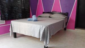 een slaapkamer met een bed met roze en paarse muren bij Appartamenti Melissa in Playa del Carmen