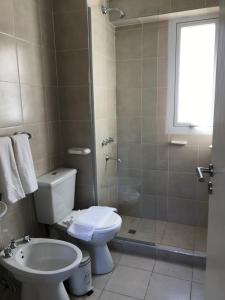 Un baño con inodoro, ducha y lavabo. en Departamentos "Oli", en Mendoza 23 fotos más