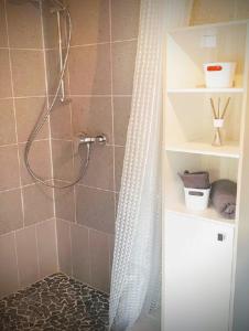 a shower with a shower curtain in a bathroom at Kelsterhaus in Kelsterbach +26 photos