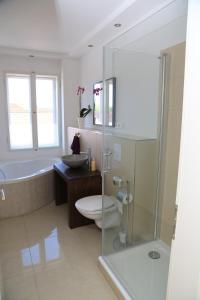 ein Badezimmer mit einem WC, einer Badewanne und einem Waschbecken in der Unterkunft Ferienwohnung Brandenburger Straße in Potsdam