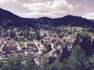 una vista aérea de una ciudad en las montañas en Ferienwohnung mit Charme I, en Todtmoos