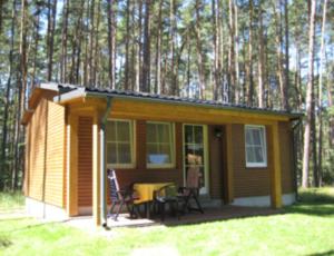 uma pequena cabana com uma mesa e cadeiras na relva em Dependance Ferienhäuser am Kastavensee em Lychen