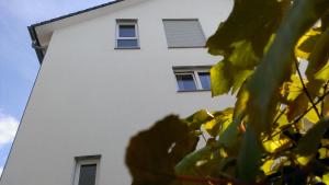 ein weißes Gebäude mit zwei seitlichen Fenstern in der Unterkunft Petite Bellevue II in Baden-Baden