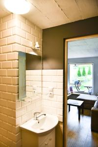 uma casa de banho com um lavatório e um espelho em U Bednarzy em Ustrzyki Dolne