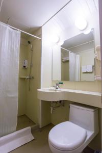 a bathroom with a toilet and a sink and a mirror at Jinjiang Inn Tianjin South Railway Station in Tianjin