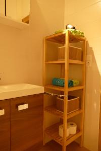 a bathroom with wooden shelves and a sink at Fewo Am Messepark in Löbau