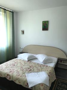 1 dormitorio con 1 cama con sábanas blancas y ventana en Guest House Salcia, en Maliuc