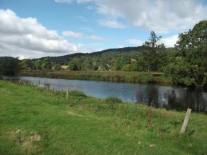 a river with a grassy field next to a field at caravan nestled away amongst trees on edge of farm yard in Bala