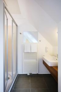 a bathroom with a shower, sink, and tub at Hahn Hotel Vienna in Vienna