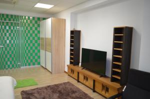 a living room with a flat screen tv on a table at Vasarely Luxury Flat in Satu Mare