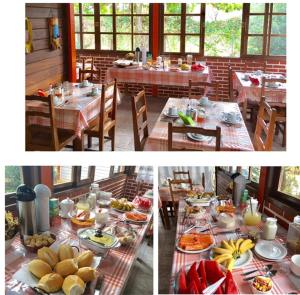 two pictures of a table with plates of food at Pousada Arara Canindé in Sao Jorge
