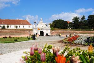 a garden with flowers in front of a building at Sfanta Ecaterina - Garsoniera Alba Iulia in Alba Iulia