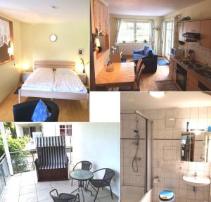 ユリウスルーにあるFerien Wohnungen Arkonablickのベッドとバスルーム付きの部屋の写真3枚