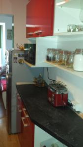 a kitchen with a counter with a toaster on a counter top at Sfanta Ecaterina - Garsoniera Alba Iulia in Alba Iulia