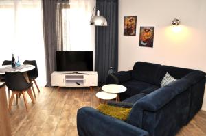 salon z niebieską kanapą i telewizorem w obiekcie Windrose Apartment w Świnoujściu