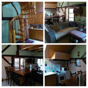 four pictures of a kitchen and a living room with a staircase at Gite de peupliers in Valdieu