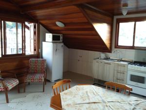 a kitchen with a refrigerator and a table and chairs at Flat Theobald in Três Coroas