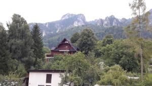 a house in a forest with mountains in the background at Chalupa JANINA in Terchová