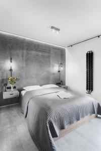 a hotel room with a large bed and a large mirror at Qbik Loft Aparts in Warsaw