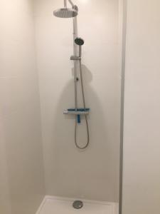 een douche in een badkamer met een douchekop bij apartment Seaside in Blankenberge