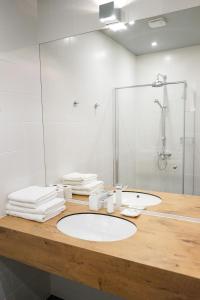 y baño con lavabo blanco y ducha. en Guest House Senasis Pastas, en Druskininkai