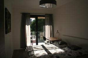 um quarto com uma cama, uma janela e uma secretária em Karlín Apartment em Praga