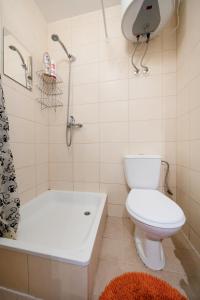 a bathroom with a toilet and a bath tub at Small Apartment in Sikupilli in Tallinn