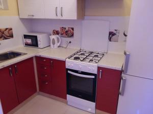 a kitchen with a white stove top oven next to a refrigerator at Uzh Apartments in Uzhhorod