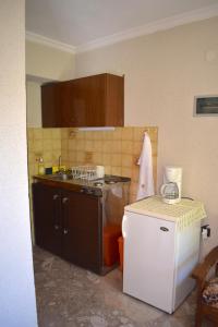 a small kitchen with a sink and a refrigerator at Pension Felippe in Pythagoreio