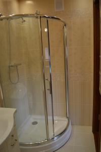 a shower with a glass door in a bathroom at Apartment Dynasty in Novosibirsk