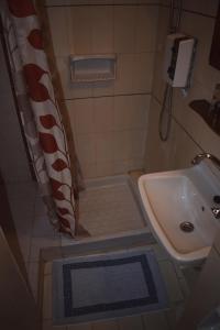 a small bathroom with a shower and a sink at Pension Felippe in Pythagoreio
